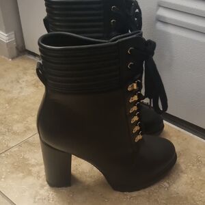 Shoe Dazzle Black Lace-Up Boots with Gold Accents